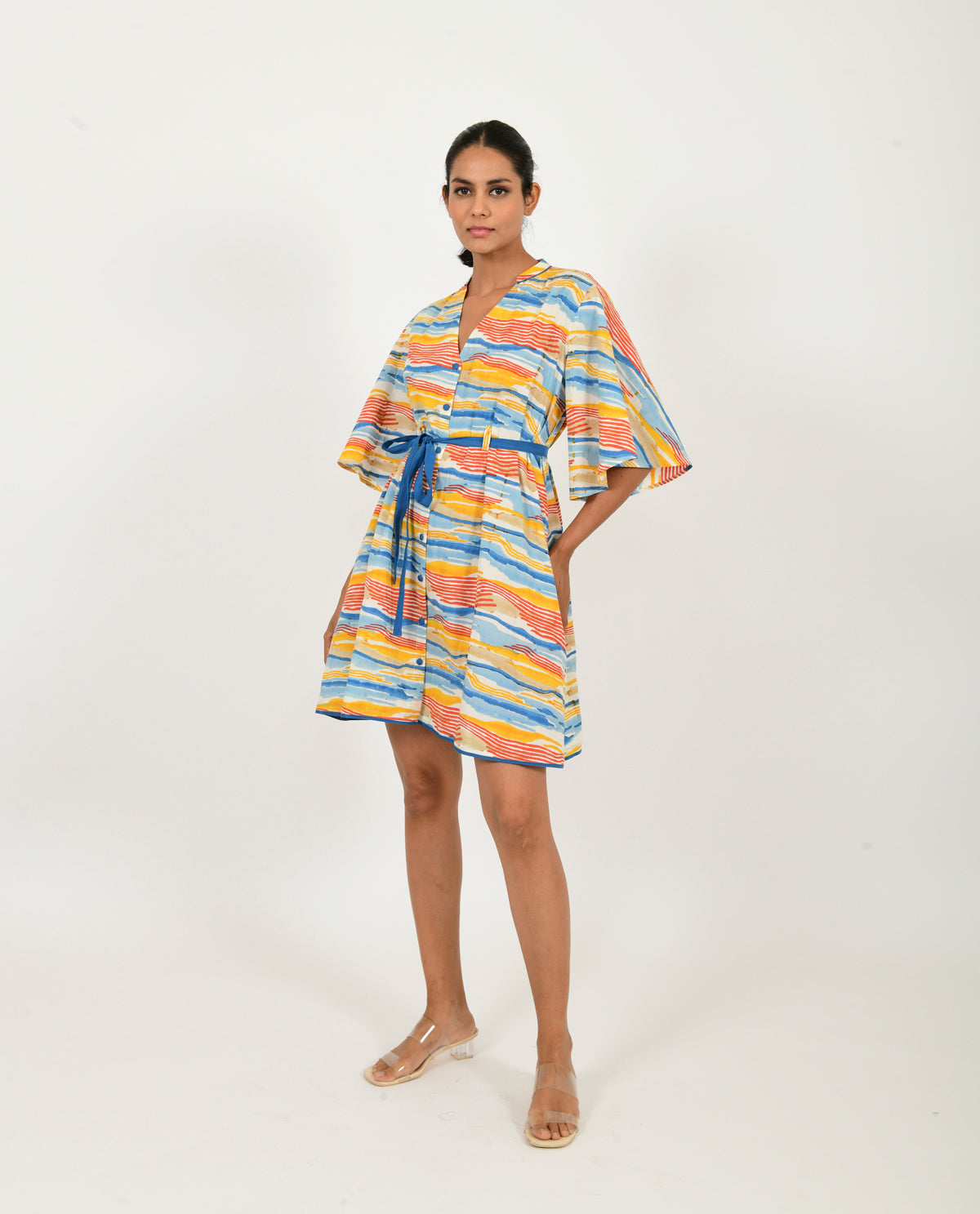 Cotton Block Printed Mini Dress with Belt by Rias Jaipur with 100% Organic Cotton, Block Prints, Casual Wear, Mini Dresses, Multicolor, Natural, Relaxed Fit, Scribble Prints, Womenswear, Yaadein, Yaadein by Rias Jaipur at Kamakhyaa for sustainable fashion