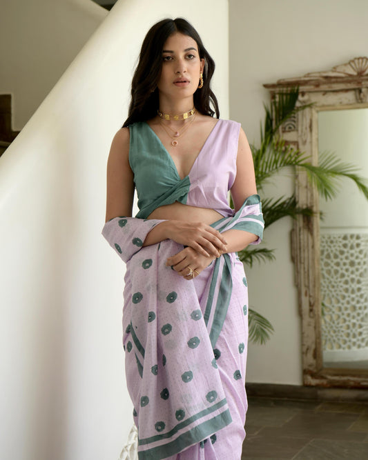 Pink Cotton Saree Set by Taro with Evening Wear, Gulzar by Taro, Handwoven Cotton, Indian Wear, July Sale, July Sale 2023, Natural, Pink, Prints, Regular Fit, Saree Sets, Womenswear at Kamakhyaa for sustainable fashion