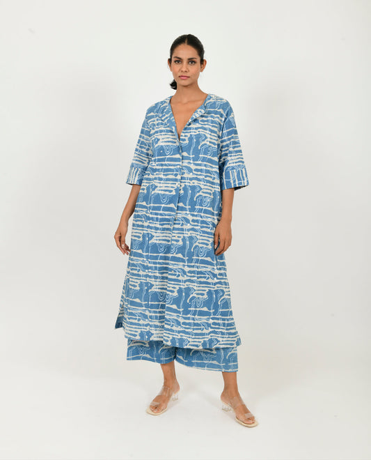Blue Co-ord Set at Kamakhyaa by Rias Jaipur. This item is 100% Organic Cotton, Blue, Casual Wear, Co-ord Sets, Linen, Natural, Office Wear Co-ords, Prints, Relaxed Fit, Scribble Prints, Womenswear, Yaadein