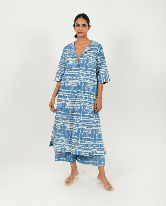 Blue Buttoned Dress by Rias Jaipur with 100% Organic Cotton, Blue, Casual Wear, Midi Dress, Natural, Prints, Regular Fit, Scribble Prints, Womenswear, Yaadein, Yaadein by Rias Jaipur at Kamakhyaa for sustainable fashion