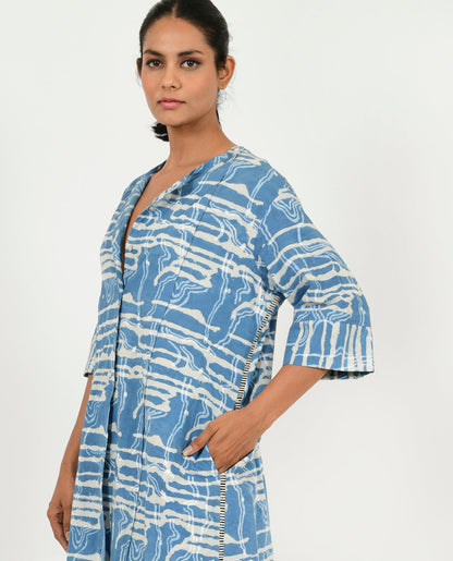 Blue Buttoned Dress by Rias Jaipur with 100% Organic Cotton, Blue, Casual Wear, Midi Dress, Natural, Prints, Regular Fit, Scribble Prints, Womenswear, Yaadein, Yaadein by Rias Jaipur at Kamakhyaa for sustainable fashion