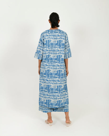 Blue Buttoned Dress by Rias Jaipur with 100% Organic Cotton, Blue, Casual Wear, Midi Dress, Natural, Prints, Regular Fit, Scribble Prints, Womenswear, Yaadein, Yaadein by Rias Jaipur at Kamakhyaa for sustainable fashion