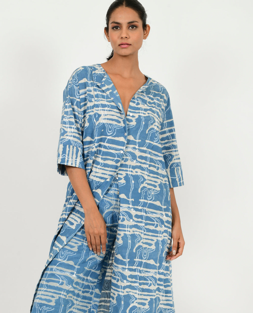 Blue Buttoned Dress by Rias Jaipur with 100% Organic Cotton, Blue, Casual Wear, Midi Dress, Natural, Prints, Regular Fit, Scribble Prints, Womenswear, Yaadein, Yaadein by Rias Jaipur at Kamakhyaa for sustainable fashion