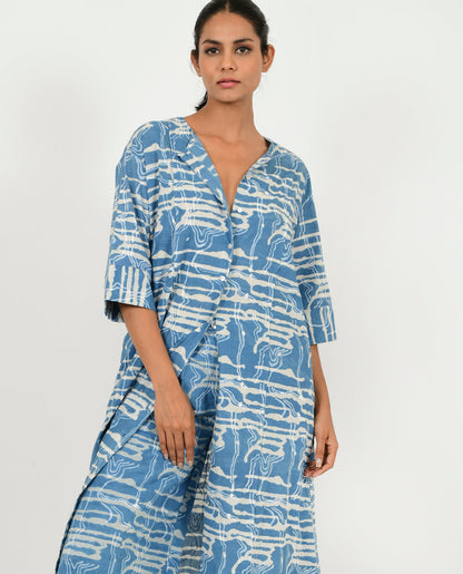 Blue Buttoned Dress by Rias Jaipur with 100% Organic Cotton, Blue, Casual Wear, Midi Dress, Natural, Prints, Regular Fit, Scribble Prints, Womenswear, Yaadein, Yaadein by Rias Jaipur at Kamakhyaa for sustainable fashion