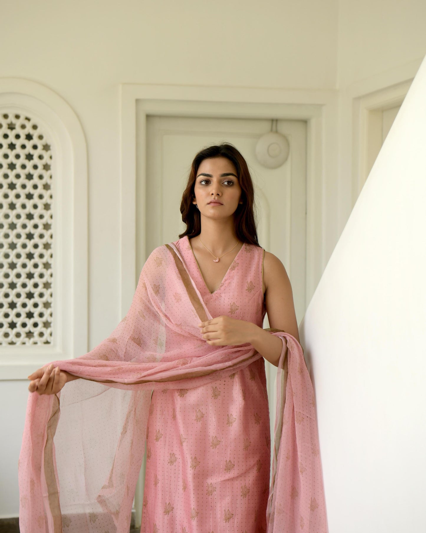 Pink Sleeveless Chanderi Silk Kurta Set With Dupatta by Taro with Chanderi Silk, Evening Wear, Gulzar by Taro, Indian Wear, July Sale, July Sale 2023, Kurta Pant Sets, Kurta Set With Dupatta, Natural, Pink, Prints, Regular Fit, Womenswear at Kamakhyaa for sustainable fashion