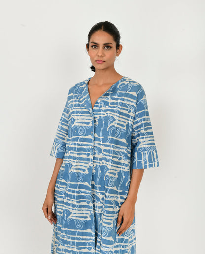 Blue Buttoned Dress by Rias Jaipur with 100% Organic Cotton, Blue, Casual Wear, Midi Dress, Natural, Prints, Regular Fit, Scribble Prints, Womenswear, Yaadein, Yaadein by Rias Jaipur at Kamakhyaa for sustainable fashion