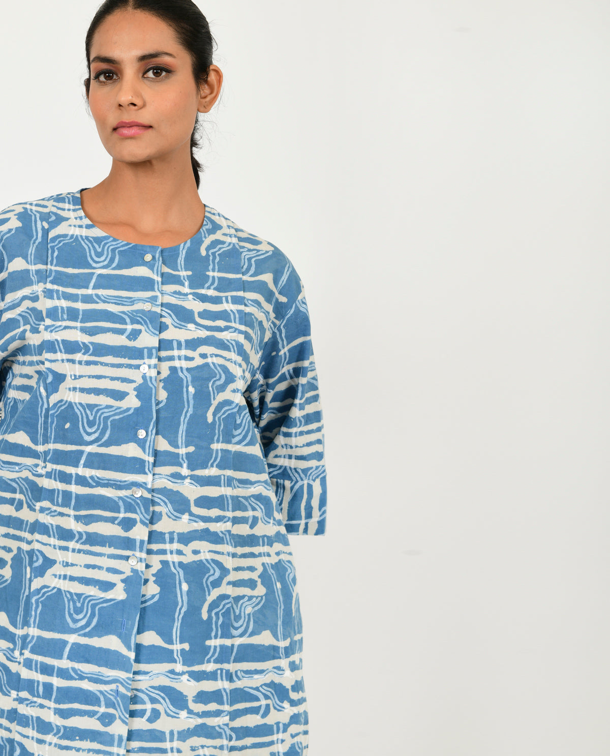 Blue Buttoned Dress by Rias Jaipur with 100% Organic Cotton, Blue, Casual Wear, Midi Dress, Natural, Prints, Regular Fit, Scribble Prints, Womenswear, Yaadein, Yaadein by Rias Jaipur at Kamakhyaa for sustainable fashion