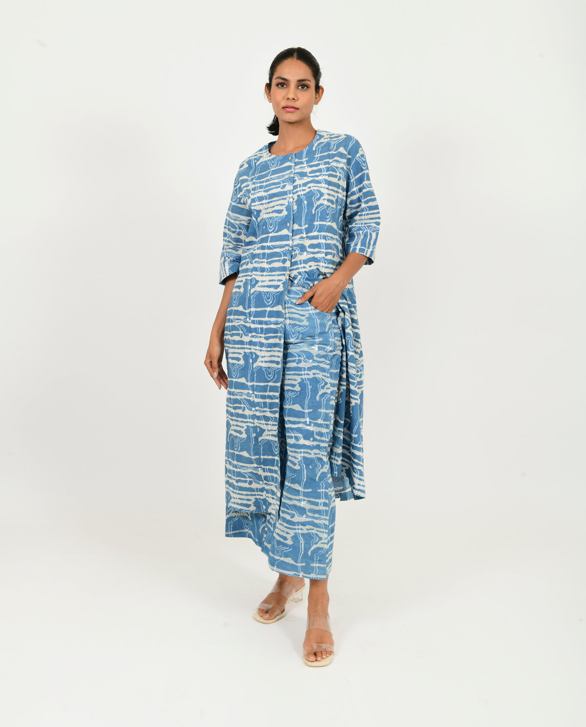 Blue Co-ord Set by Rias Jaipur with 100% Organic Cotton, Blue, Casual Wear, Co-ord Sets, Linen, Natural, Office Wear Co-ords, Prints, Relaxed Fit, Scribble Prints, Womenswear, Yaadein, Yaadein by Rias Jaipur at Kamakhyaa for sustainable fashion