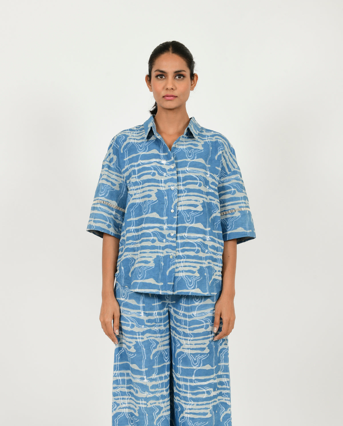 Blue Linen Shirt by Rias Jaipur with Blue, Casual Wear, Linen Blend, Natural, Prints, Relaxed Fit, Scribble Prints, Shirts, Womenswear, Yaadein, Yaadein by Rias Jaipur at Kamakhyaa for sustainable fashion