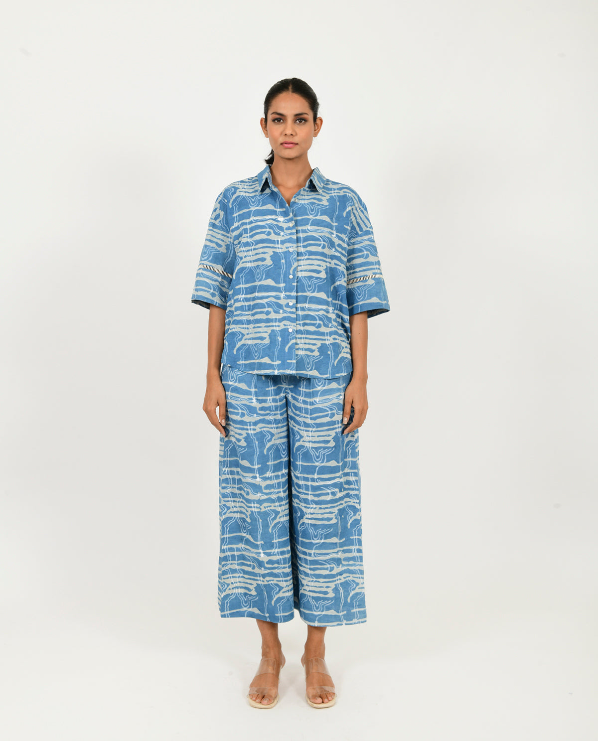 Blue Linen Shirt by Rias Jaipur with Blue, Casual Wear, Linen Blend, Natural, Prints, Relaxed Fit, Scribble Prints, Shirts, Womenswear, Yaadein, Yaadein by Rias Jaipur at Kamakhyaa for sustainable fashion