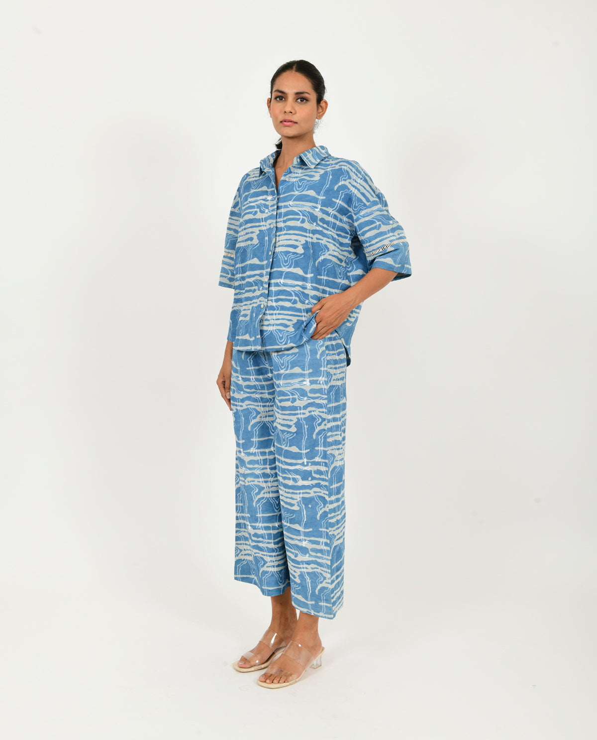 Blue Linen Co-ord Set by Rias Jaipur with Blue, Casual Wear, Co-ord Sets, Linen Blend, Natural, Prints, Relaxed Fit, Scribble Prints, Travel Co-ords, Womenswear, Yaadein, Yaadein by Rias Jaipur at Kamakhyaa for sustainable fashion