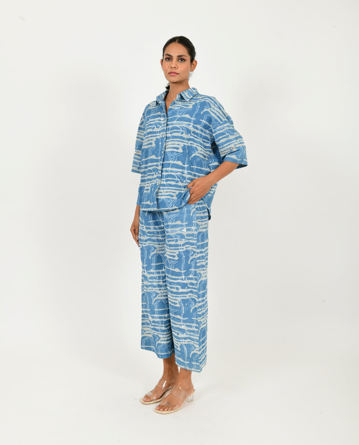 Blue Linen Shirt by Rias Jaipur with Blue, Casual Wear, Linen Blend, Natural, Prints, Relaxed Fit, Scribble Prints, Shirts, Womenswear, Yaadein, Yaadein by Rias Jaipur at Kamakhyaa for sustainable fashion