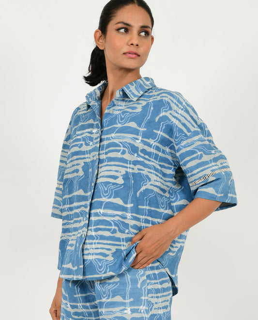 Blue Linen Shirt by Rias Jaipur with Blue, Casual Wear, Linen Blend, Natural, Prints, Relaxed Fit, Scribble Prints, Shirts, Womenswear, Yaadein, Yaadein by Rias Jaipur at Kamakhyaa for sustainable fashion
