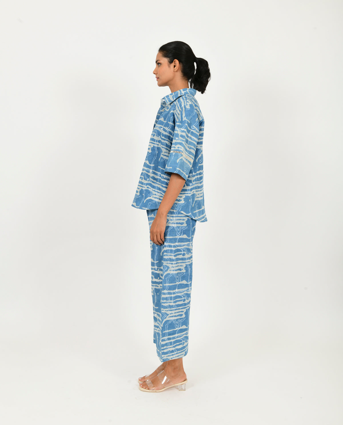 Blue Linen Co-ord Set by Rias Jaipur with Blue, Casual Wear, Co-ord Sets, Linen Blend, Natural, Prints, Relaxed Fit, Scribble Prints, Travel Co-ords, Womenswear, Yaadein, Yaadein by Rias Jaipur at Kamakhyaa for sustainable fashion