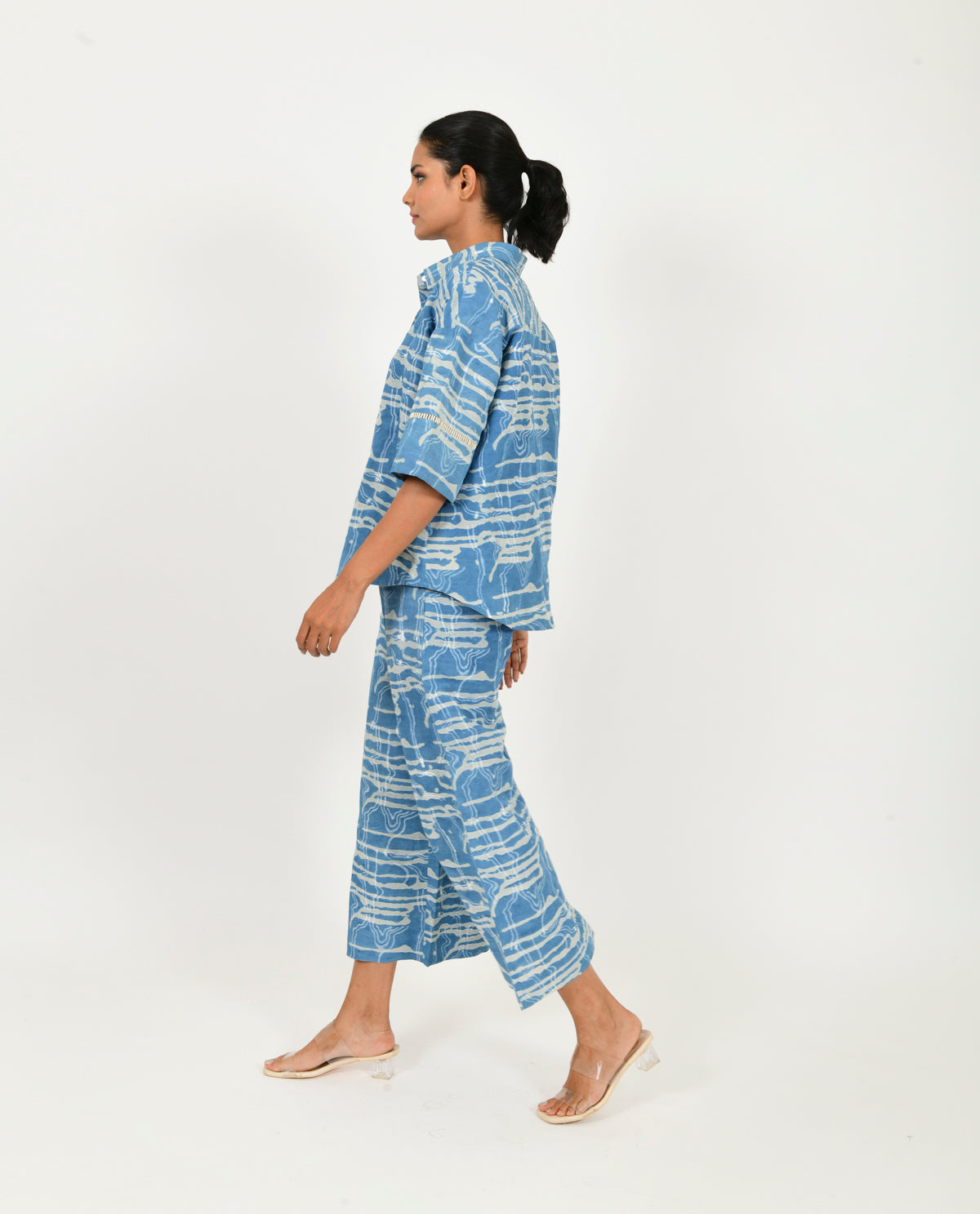 Blue Linen Co-ord Set by Rias Jaipur with Blue, Casual Wear, Co-ord Sets, Linen Blend, Natural, Prints, Relaxed Fit, Scribble Prints, Travel Co-ords, Womenswear, Yaadein, Yaadein by Rias Jaipur at Kamakhyaa for sustainable fashion