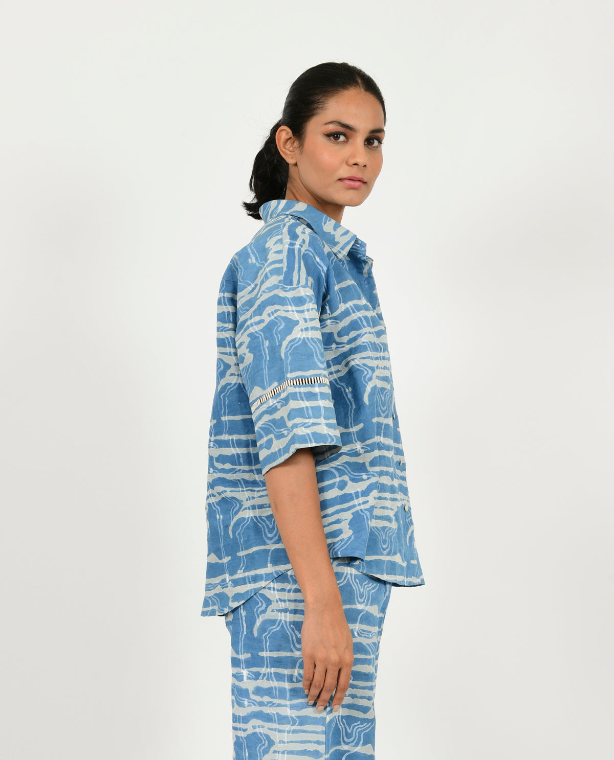 Blue Linen Shirt by Rias Jaipur with Blue, Casual Wear, Linen Blend, Natural, Prints, Relaxed Fit, Scribble Prints, Shirts, Womenswear, Yaadein, Yaadein by Rias Jaipur at Kamakhyaa for sustainable fashion