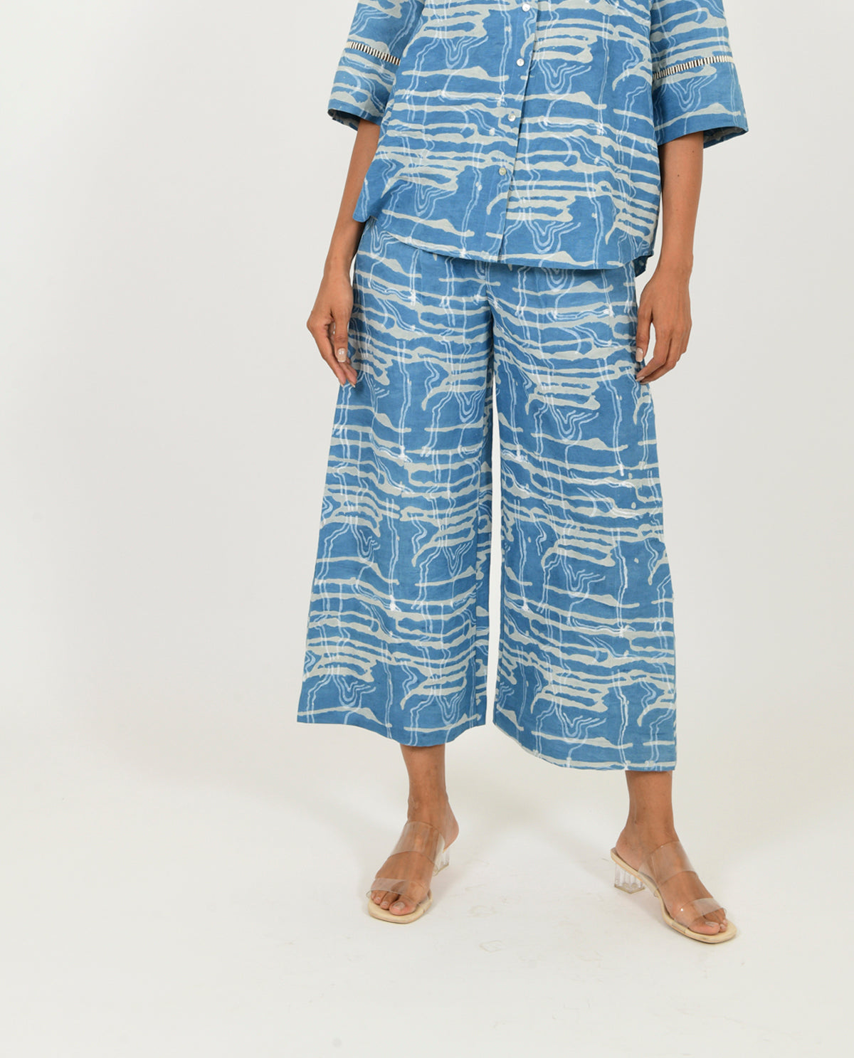Blue Linen Pants by Rias Jaipur with Blue, Casual Wear, Linen Blend, Natural, Pants, Prints, Relaxed Fit, Scribble Prints, Womenswear, Yaadein, Yaadein by Rias Jaipur at Kamakhyaa for sustainable fashion
