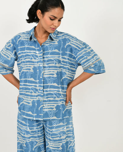 Blue Linen Co-ord Set by Rias Jaipur with Blue, Casual Wear, Co-ord Sets, Linen Blend, Natural, Prints, Relaxed Fit, Scribble Prints, Travel Co-ords, Womenswear, Yaadein, Yaadein by Rias Jaipur at Kamakhyaa for sustainable fashion