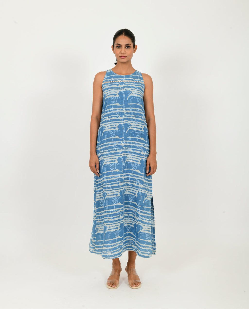 Blue Linen Maxi by Rias Jaipur with Blue, Casual Wear, Linen Blend, Midi Dresses, Natural, Prints, Regular Fit, Scribble Prints, Sleeveless Dresses, Womenswear, Yaadein, Yaadein by Rias Jaipur at Kamakhyaa for sustainable fashion