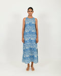 Blue Linen Maxi by Rias Jaipur with Blue, Casual Wear, Linen Blend, Midi Dresses, Natural, Prints, Regular Fit, Scribble Prints, Sleeveless Dresses, Womenswear, Yaadein, Yaadein by Rias Jaipur at Kamakhyaa for sustainable fashion