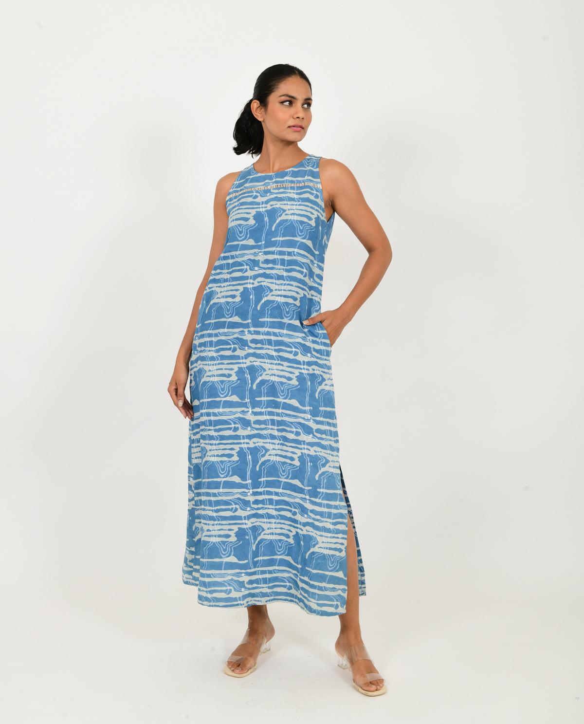 Blue Linen Maxi by Rias Jaipur with Blue, Casual Wear, Linen Blend, Midi Dresses, Natural, Prints, Regular Fit, Scribble Prints, Sleeveless Dresses, Womenswear, Yaadein, Yaadein by Rias Jaipur at Kamakhyaa for sustainable fashion