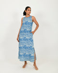 Blue Block Print Linen Midi Dress by Rias Jaipur with Block Prints, Blue, Casual Wear, Linen Blend, Midi Dresses, Multicolor, Natural, Relaxed Fit, Scribble Prints, White, Womenswear, Yaadein, Yaadein by Rias Jaipur at Kamakhyaa for sustainable fashion