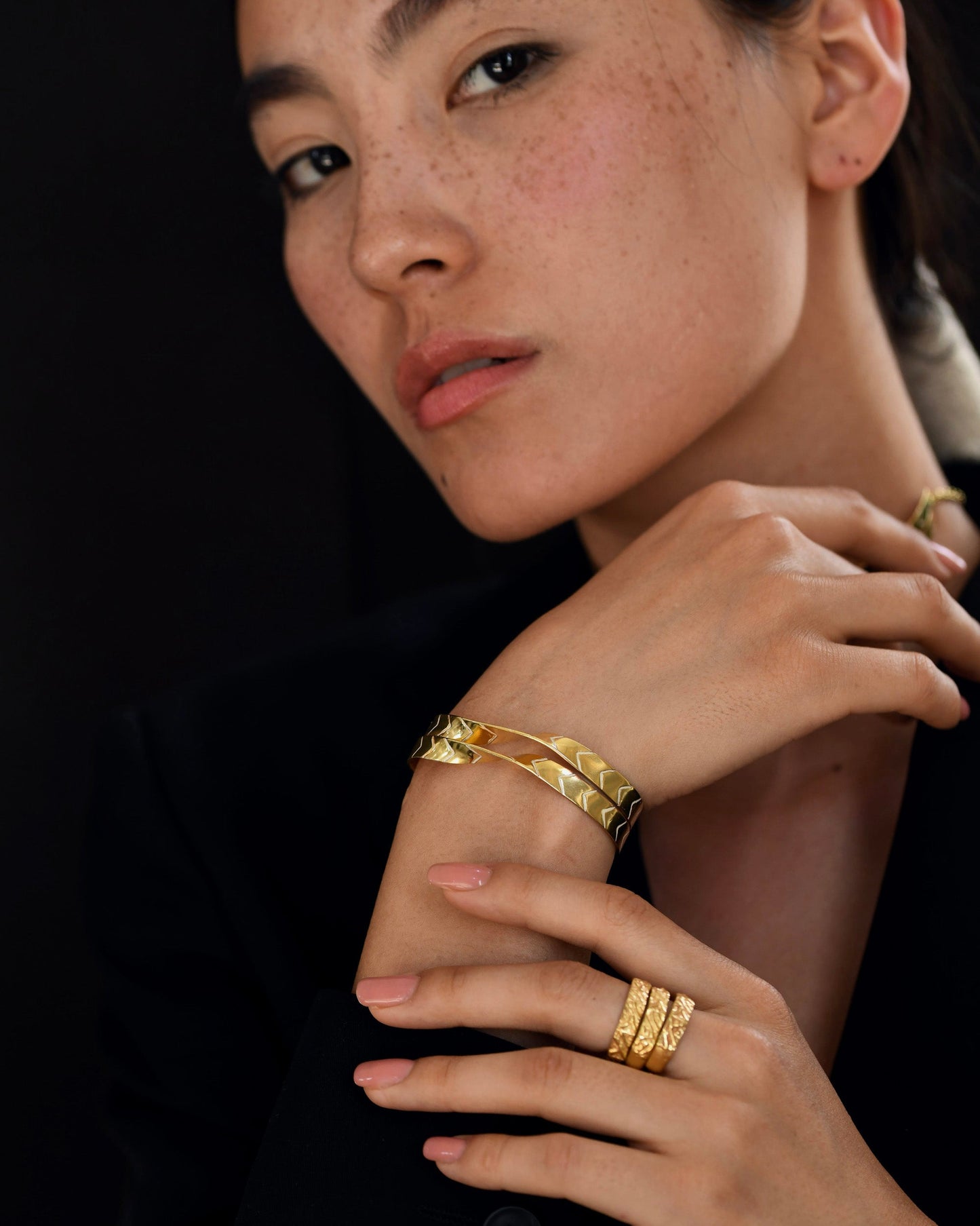 Gold Brass Twisted Enamel Bracelets by The Loom Art with Add Ons, Bracelets, Brass, Cosmic Dream by The Loom Art, Fashion Jewellery, Free Size, Gold, Gold Plated, jewelry, Natural, Office Wear Jewellery, Textured at Kamakhyaa for sustainable fashion