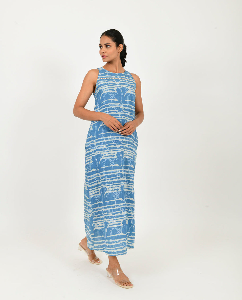 Blue Block Print Linen Midi Dress by Rias Jaipur with Block Prints, Blue, Casual Wear, Linen Blend, Midi Dresses, Multicolor, Natural, Relaxed Fit, Scribble Prints, White, Womenswear, Yaadein, Yaadein by Rias Jaipur at Kamakhyaa for sustainable fashion