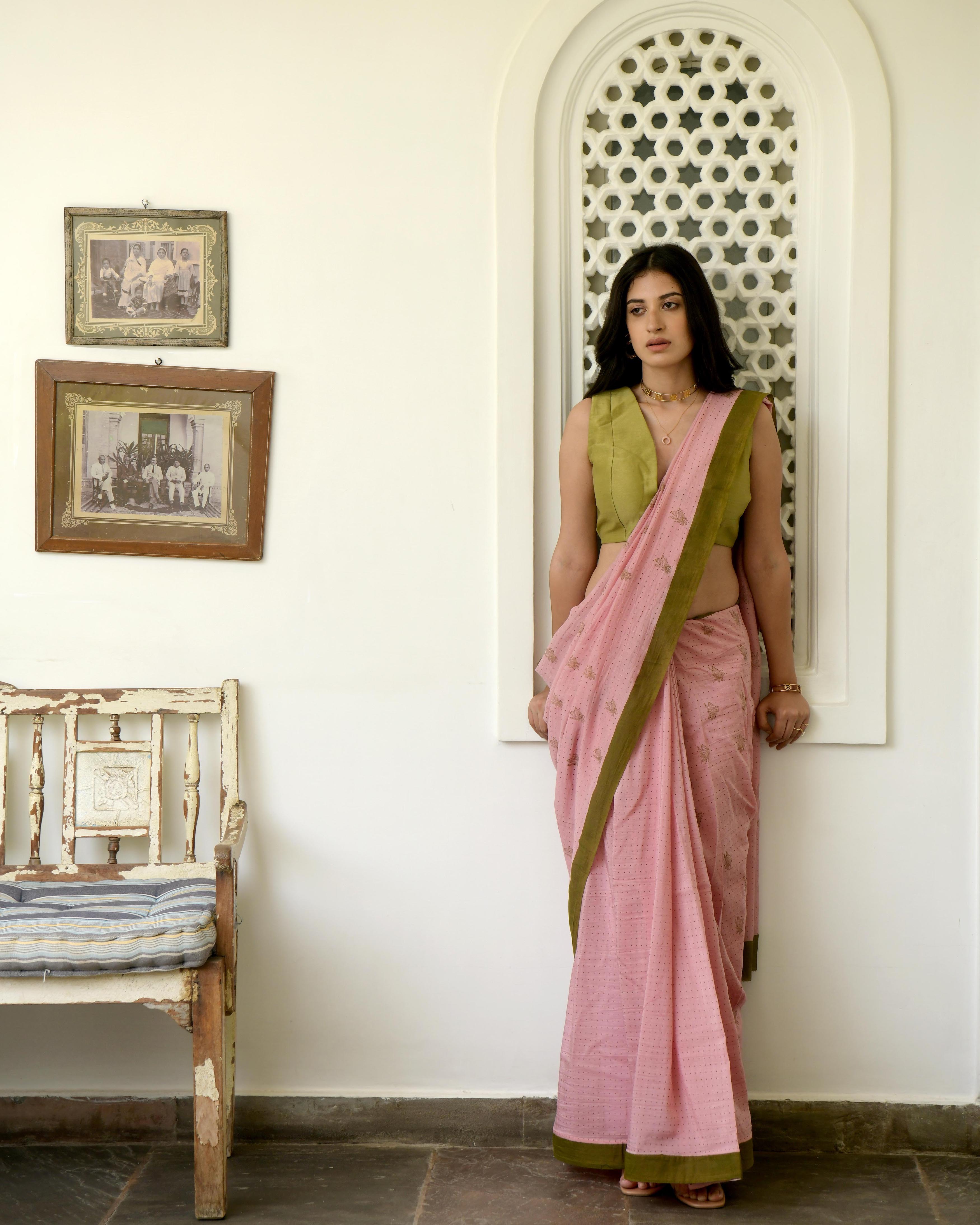 Pink Hand Block Printed Saree Set by Taro with Evening Wear, Gulzar by Taro, Handwoven Cotton, Indian Wear, July Sale, July Sale 2023, Natural, Pink, Prints, Regular Fit, Saree Sets, Womenswear at Kamakhyaa for sustainable fashion