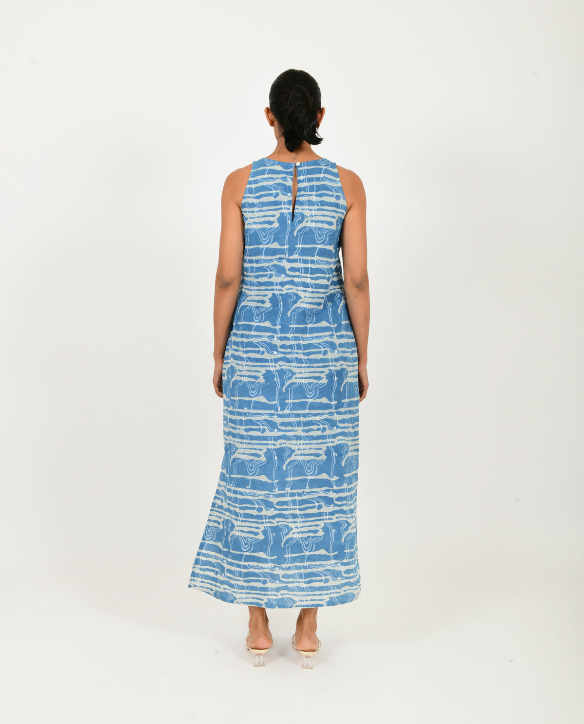 Blue Linen Maxi by Rias Jaipur with Blue, Casual Wear, Linen Blend, Midi Dresses, Natural, Prints, Regular Fit, Scribble Prints, Sleeveless Dresses, Womenswear, Yaadein, Yaadein by Rias Jaipur at Kamakhyaa for sustainable fashion