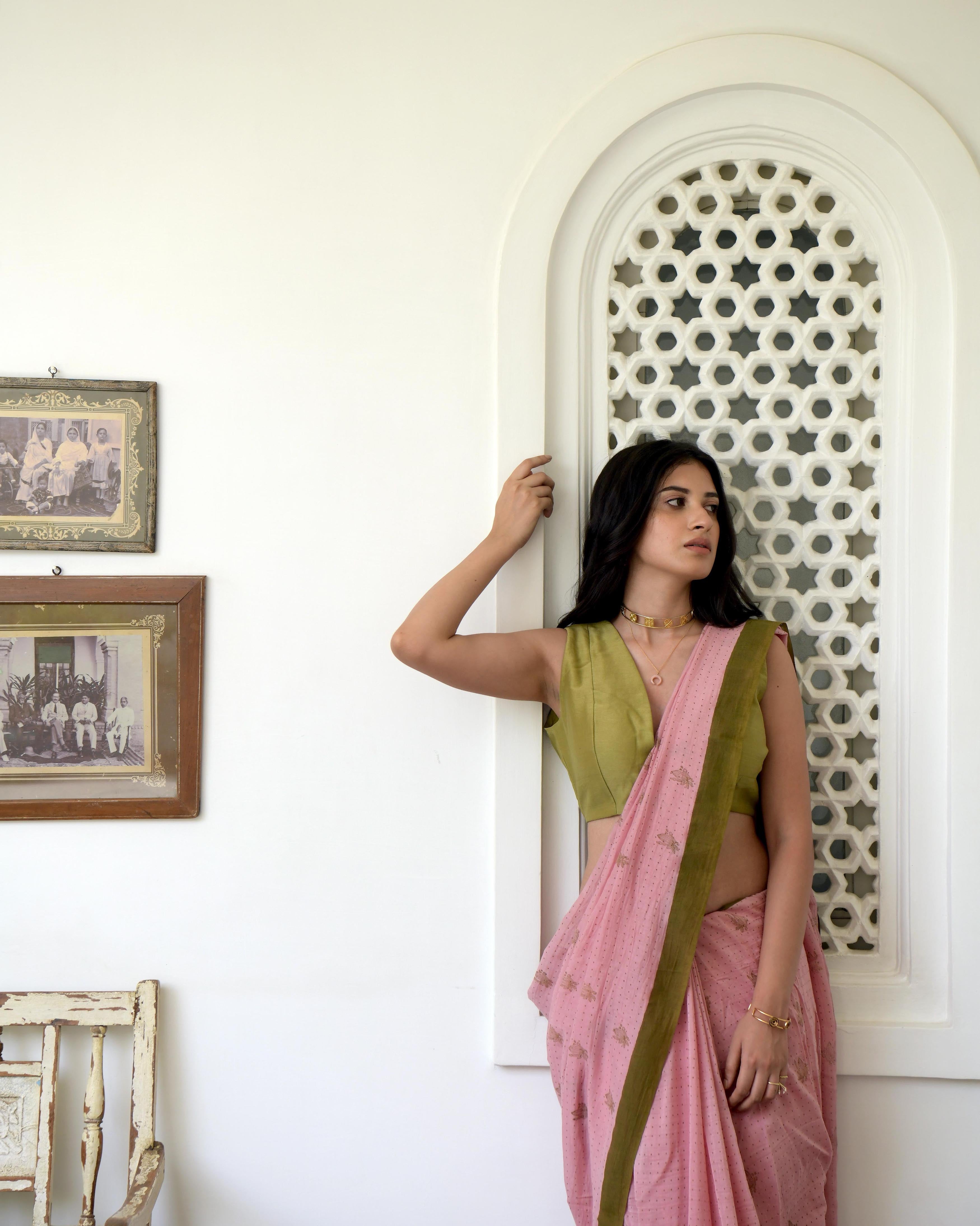 Pink Hand Block Printed Saree Set by Taro with Evening Wear, Gulzar by Taro, Handwoven Cotton, Indian Wear, July Sale, July Sale 2023, Natural, Pink, Prints, Regular Fit, Saree Sets, Womenswear at Kamakhyaa for sustainable fashion