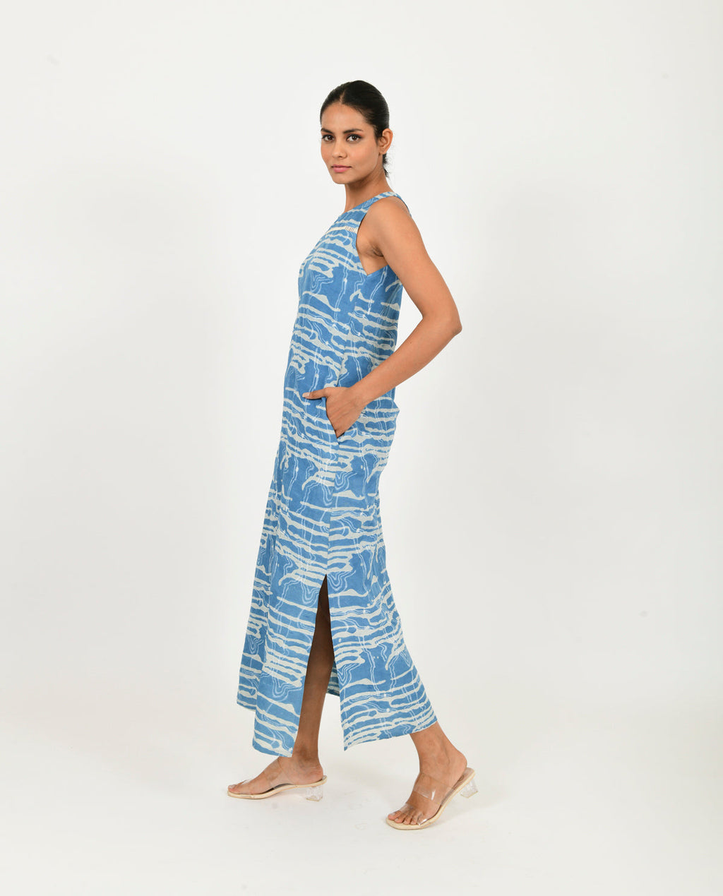 Blue Linen Maxi by Rias Jaipur with Blue, Casual Wear, Linen Blend, Midi Dresses, Natural, Prints, Regular Fit, Scribble Prints, Sleeveless Dresses, Womenswear, Yaadein, Yaadein by Rias Jaipur at Kamakhyaa for sustainable fashion