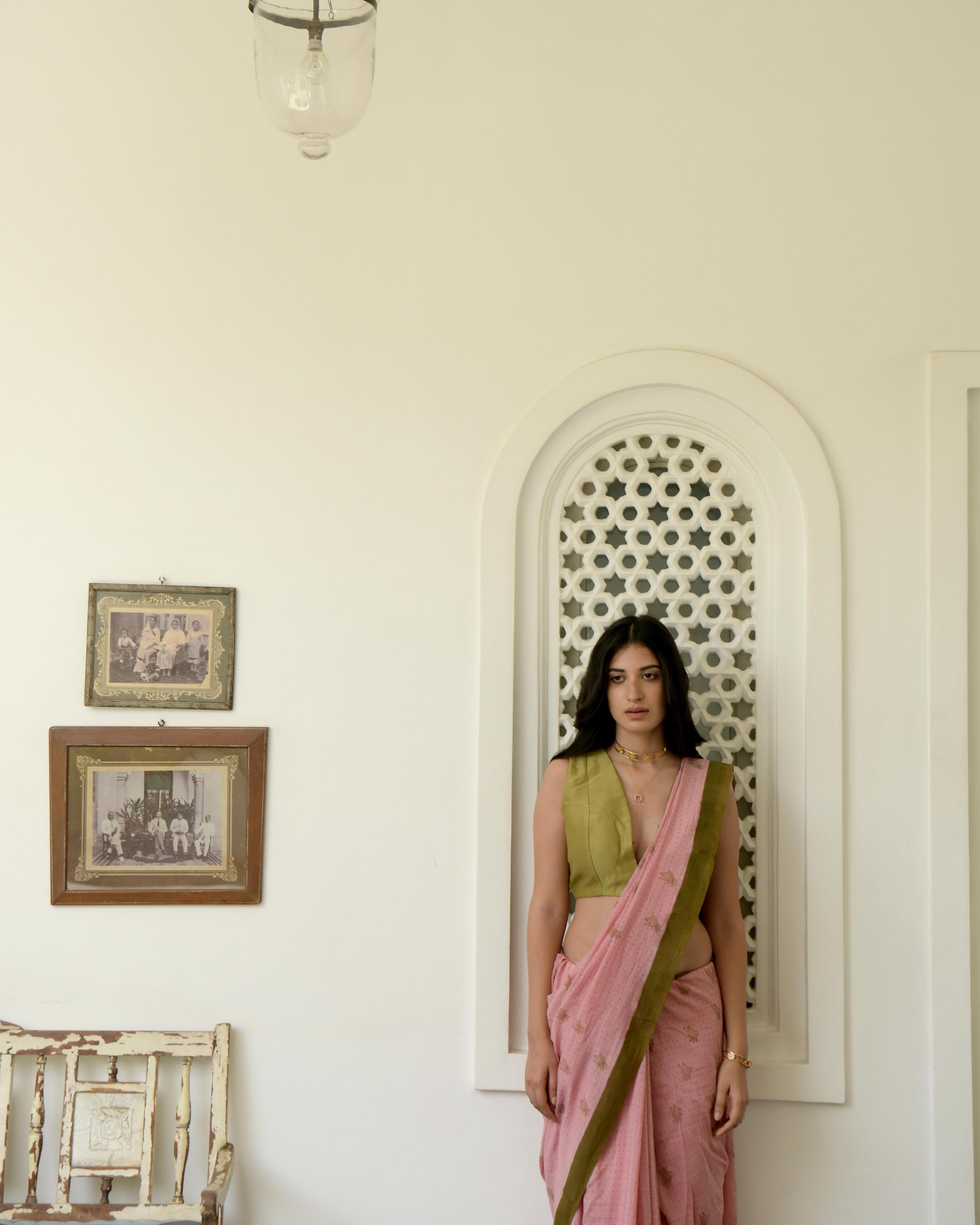 Pink Hand Block Printed Saree Set by Taro with Evening Wear, Gulzar by Taro, Handwoven Cotton, Indian Wear, July Sale, July Sale 2023, Natural, Pink, Prints, Regular Fit, Saree Sets, Womenswear at Kamakhyaa for sustainable fashion