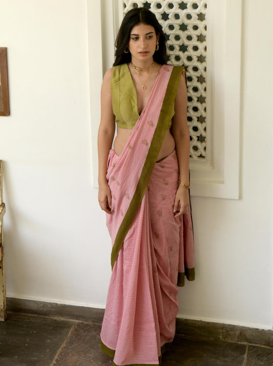 Pink Hand Block Printed Saree Set by Taro with Evening Wear, Gulzar by Taro, Handwoven Cotton, Indian Wear, July Sale, July Sale 2023, Natural, Pink, Prints, Regular Fit, Saree Sets, Womenswear at Kamakhyaa for sustainable fashion