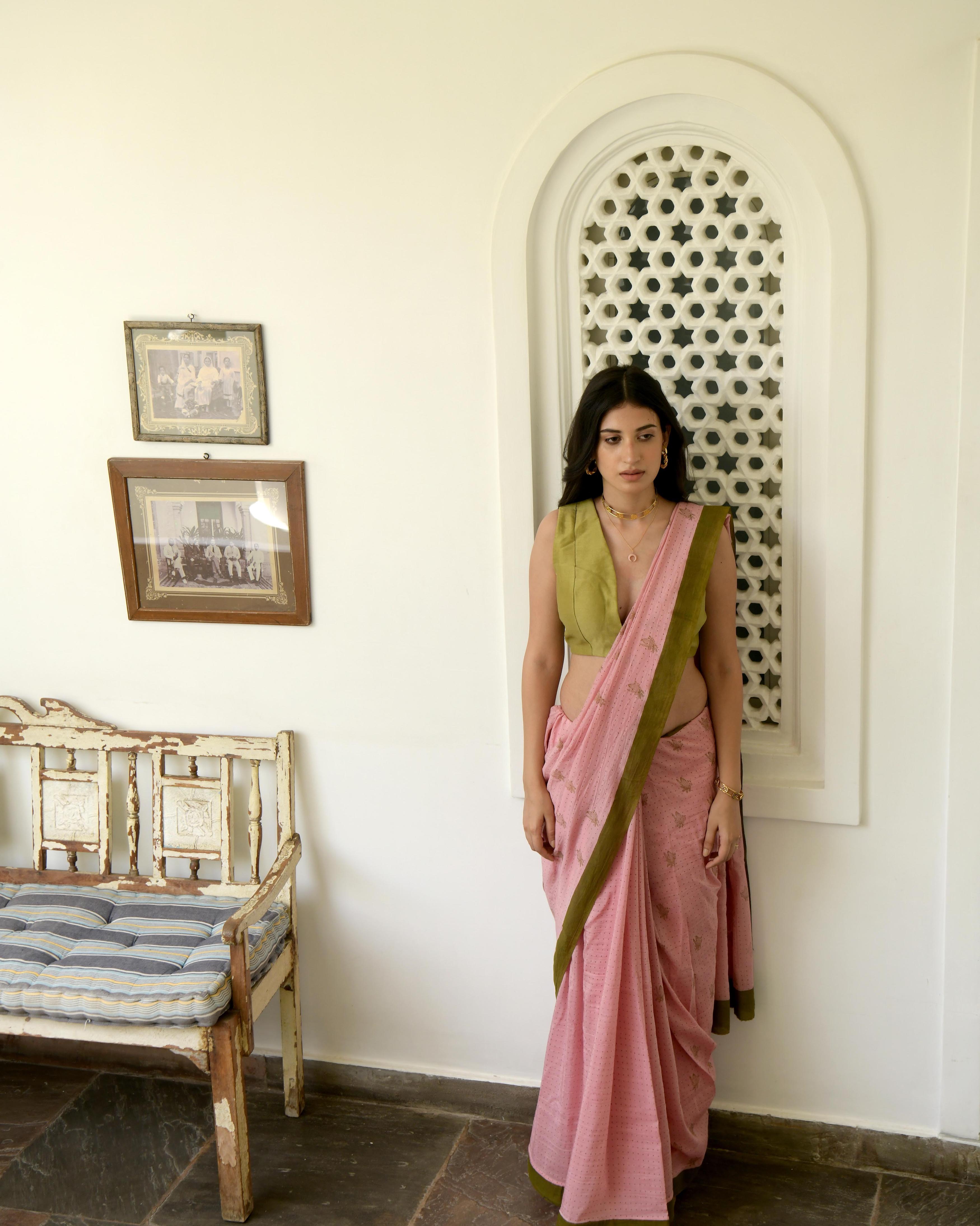 Pink Hand Block Printed Saree Set by Taro with Evening Wear, Gulzar by Taro, Handwoven Cotton, Indian Wear, July Sale, July Sale 2023, Natural, Pink, Prints, Regular Fit, Saree Sets, Womenswear at Kamakhyaa for sustainable fashion