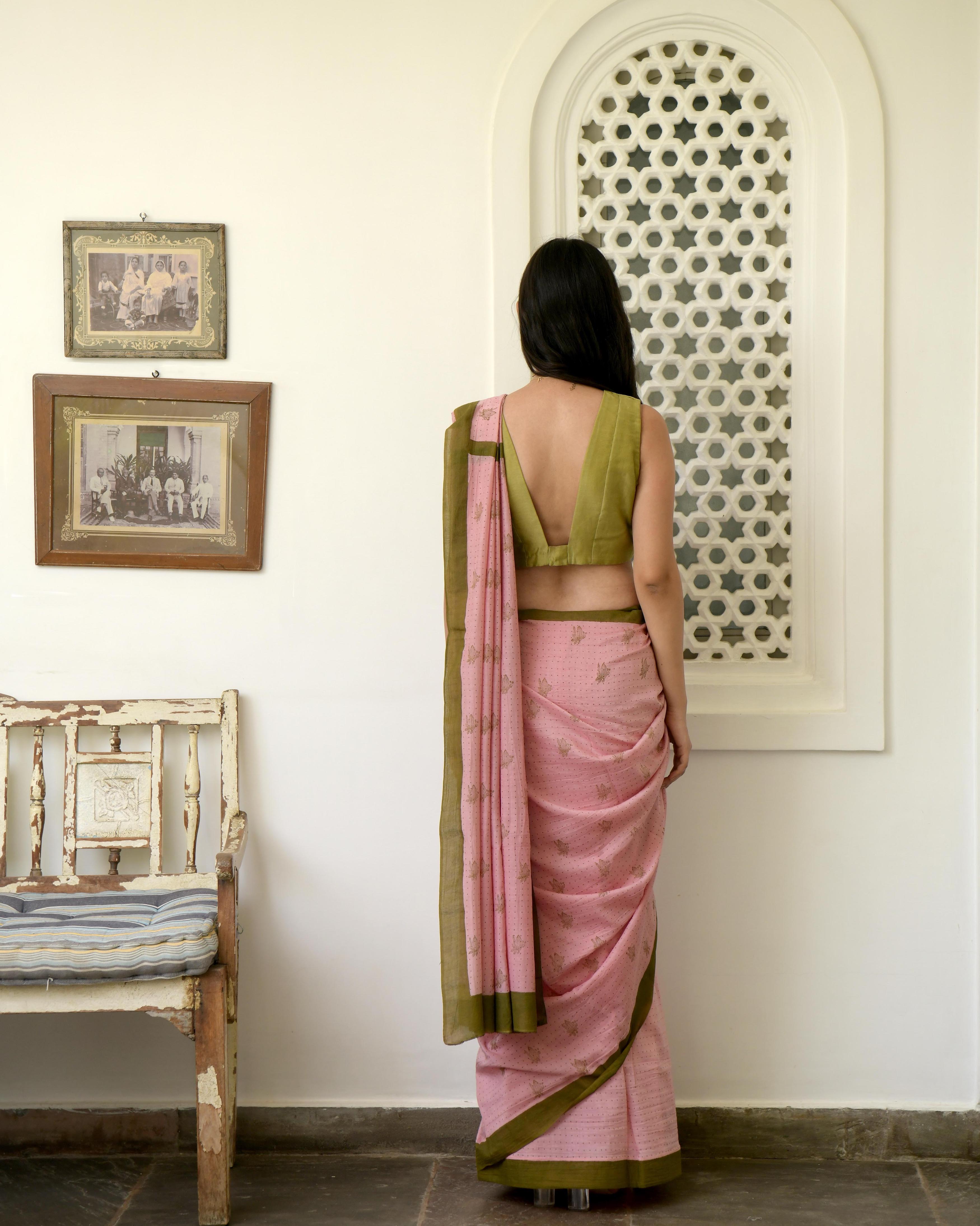 Pink Hand Block Printed Saree Set by Taro with Evening Wear, Gulzar by Taro, Handwoven Cotton, Indian Wear, July Sale, July Sale 2023, Natural, Pink, Prints, Regular Fit, Saree Sets, Womenswear at Kamakhyaa for sustainable fashion