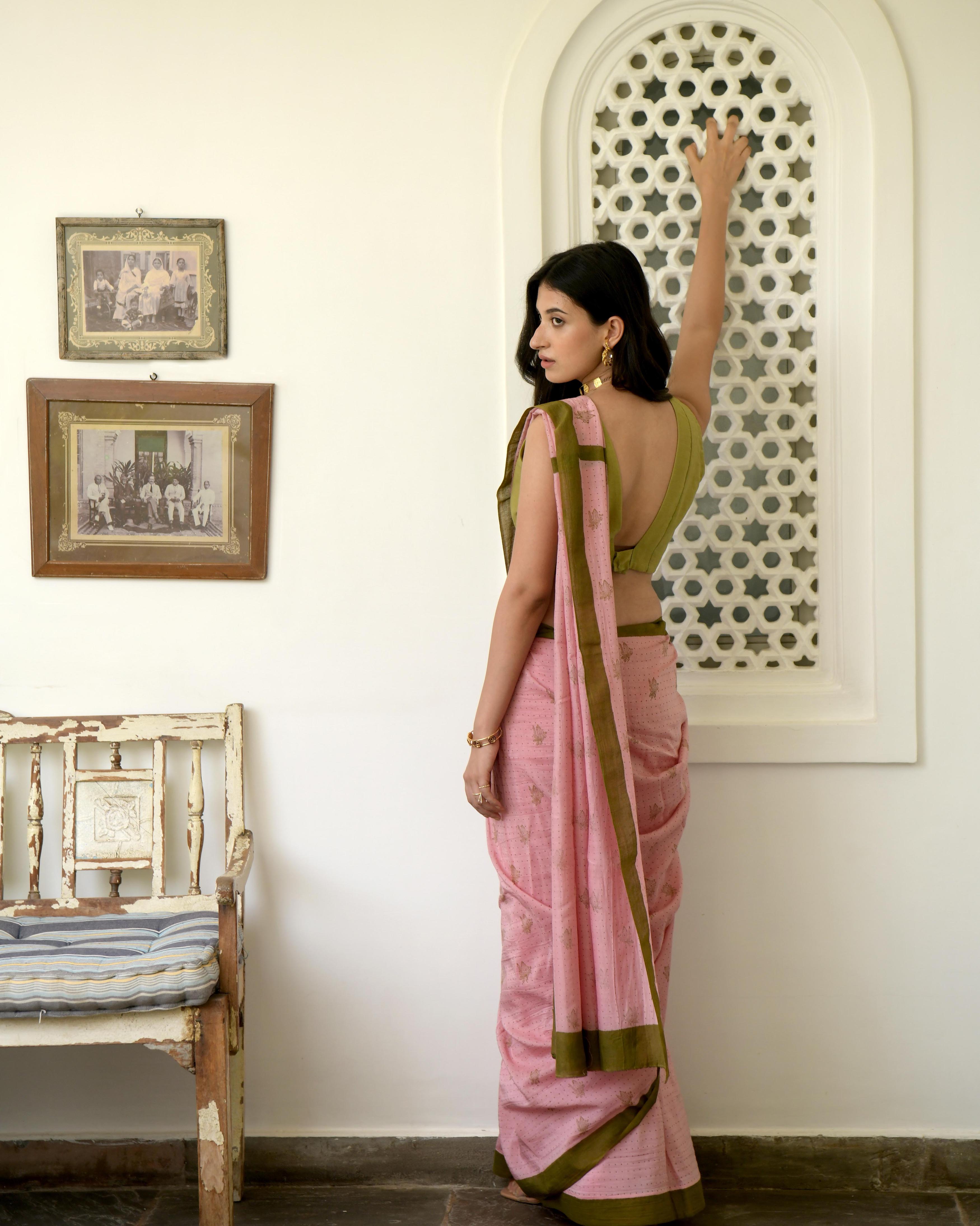 Pink Hand Block Printed Saree Set by Taro with Evening Wear, Gulzar by Taro, Handwoven Cotton, Indian Wear, July Sale, July Sale 2023, Natural, Pink, Prints, Regular Fit, Saree Sets, Womenswear at Kamakhyaa for sustainable fashion