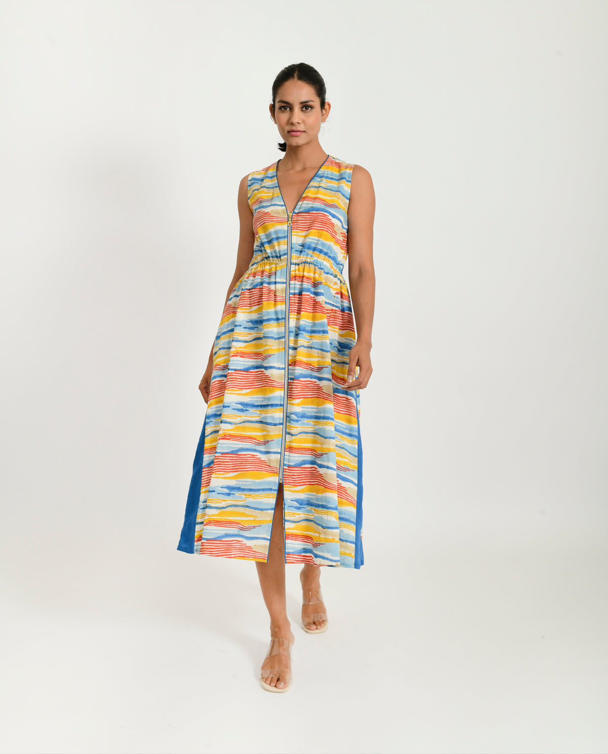 Multicolor Block Printed Zipped Dress by Rias Jaipur with 100% Organic Cotton, Block Prints, Casual Wear, Midi Dresses, Multicolor, Natural, Regular Fit, Scribble Prints, Sleeveless Dresses, Womenswear, Yaadein, Yaadein by Rias Jaipur at Kamakhyaa for sustainable fashion