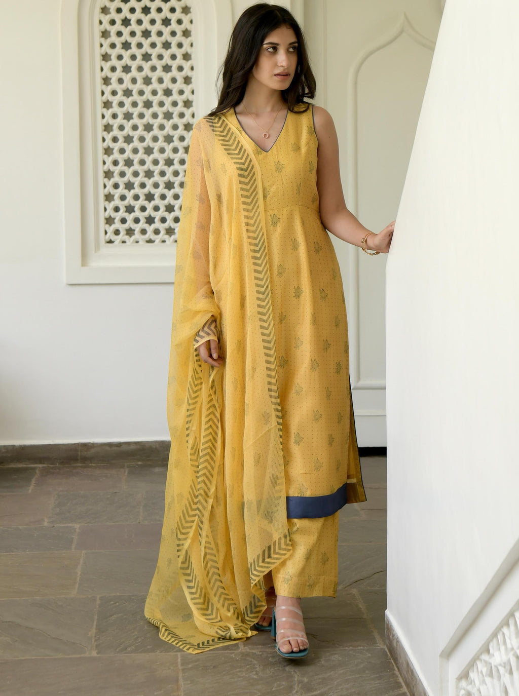 Yellow Sleeveless Chanderi Silk Kurta Set With Dupatta by Taro with Best Selling, Evening Wear, Gulzar by Taro, Handwoven Chanderi silk, Indian Wear, July Sale, July Sale 2023, Kurta Pant Sets, Kurta Set With Dupatta, Natural, Prints, Regular Fit, Womenswear, Yellow at Kamakhyaa for sustainable fashion