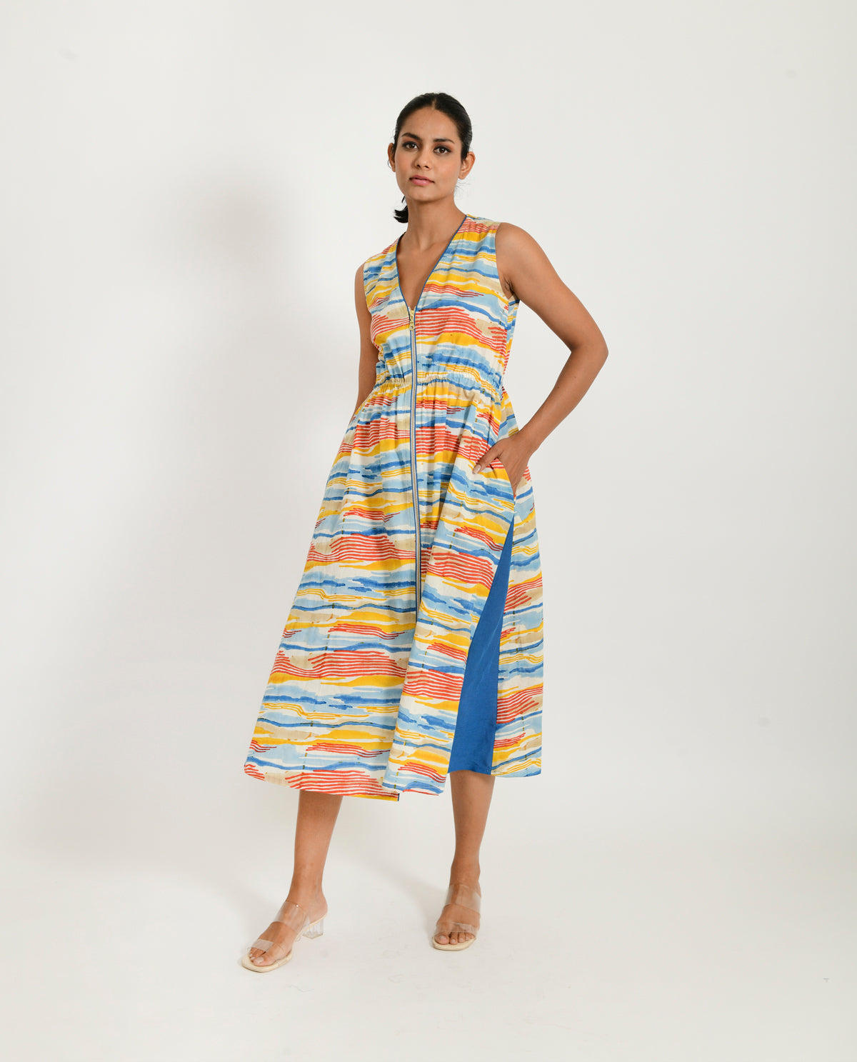 Multicolor Block Printed Zipped Dress by Rias Jaipur with 100% Organic Cotton, Block Prints, Casual Wear, Midi Dresses, Multicolor, Natural, Regular Fit, Scribble Prints, Sleeveless Dresses, Womenswear, Yaadein, Yaadein by Rias Jaipur at Kamakhyaa for sustainable fashion