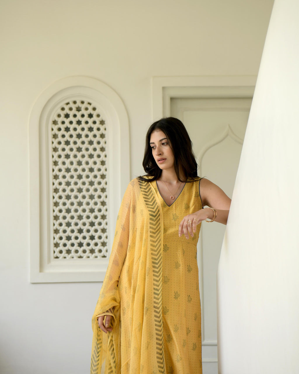 Yellow Sleeveless Chanderi Silk Kurta Set With Dupatta by Taro with Best Selling, Evening Wear, Gulzar by Taro, Handwoven Chanderi silk, Indian Wear, July Sale, July Sale 2023, Kurta Pant Sets, Kurta Set With Dupatta, Natural, Prints, Regular Fit, Womenswear, Yellow at Kamakhyaa for sustainable fashion