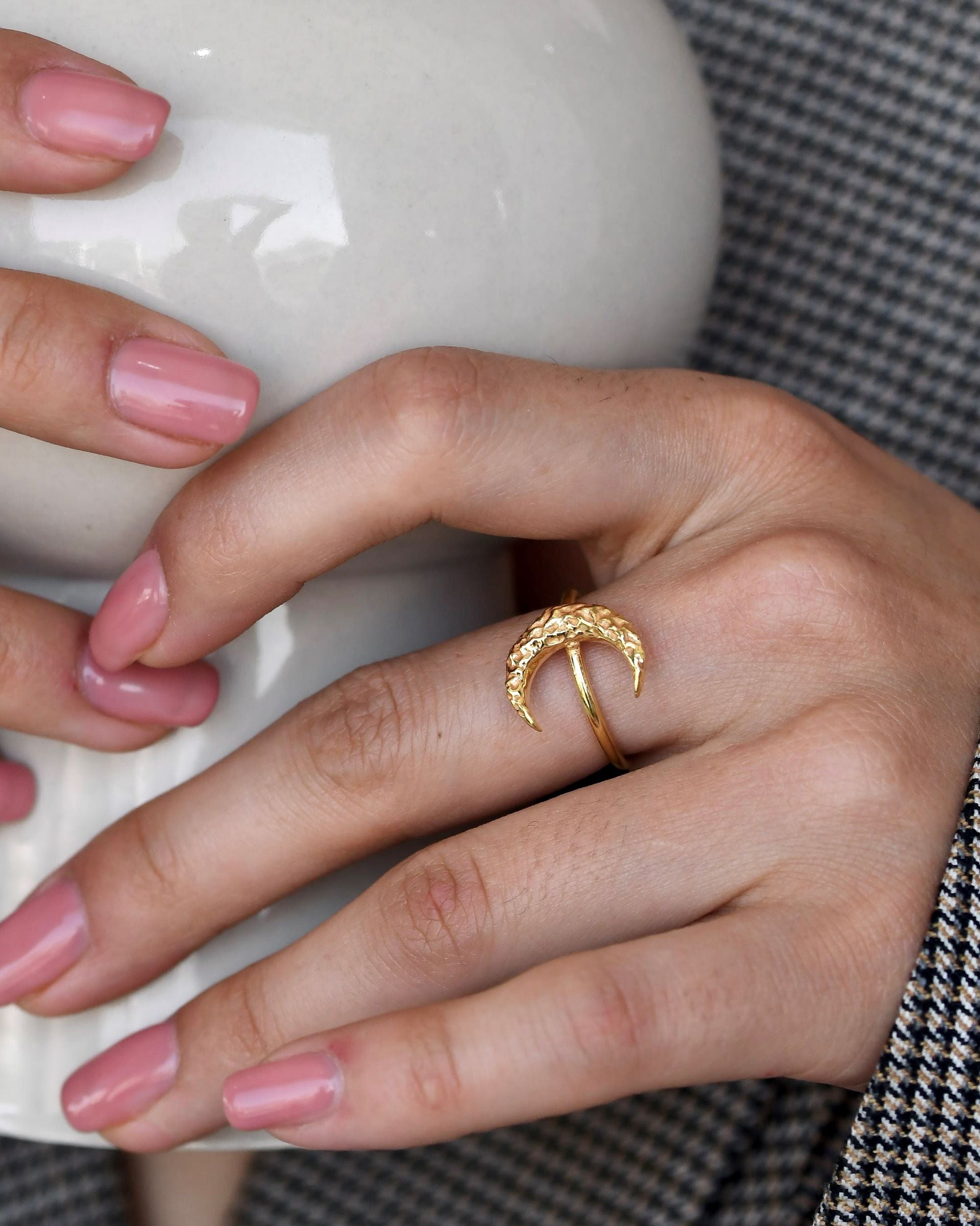 Gold Brass Crescent Moon Ring by The Loom Art with Brass, Cosmic Dream by The Loom Art, Fashion Jewellery, Free Size, Gold, Gold Plated, jewelry, Less than $50, Natural, Products less than $25, Rings, Textured at Kamakhyaa for sustainable fashion