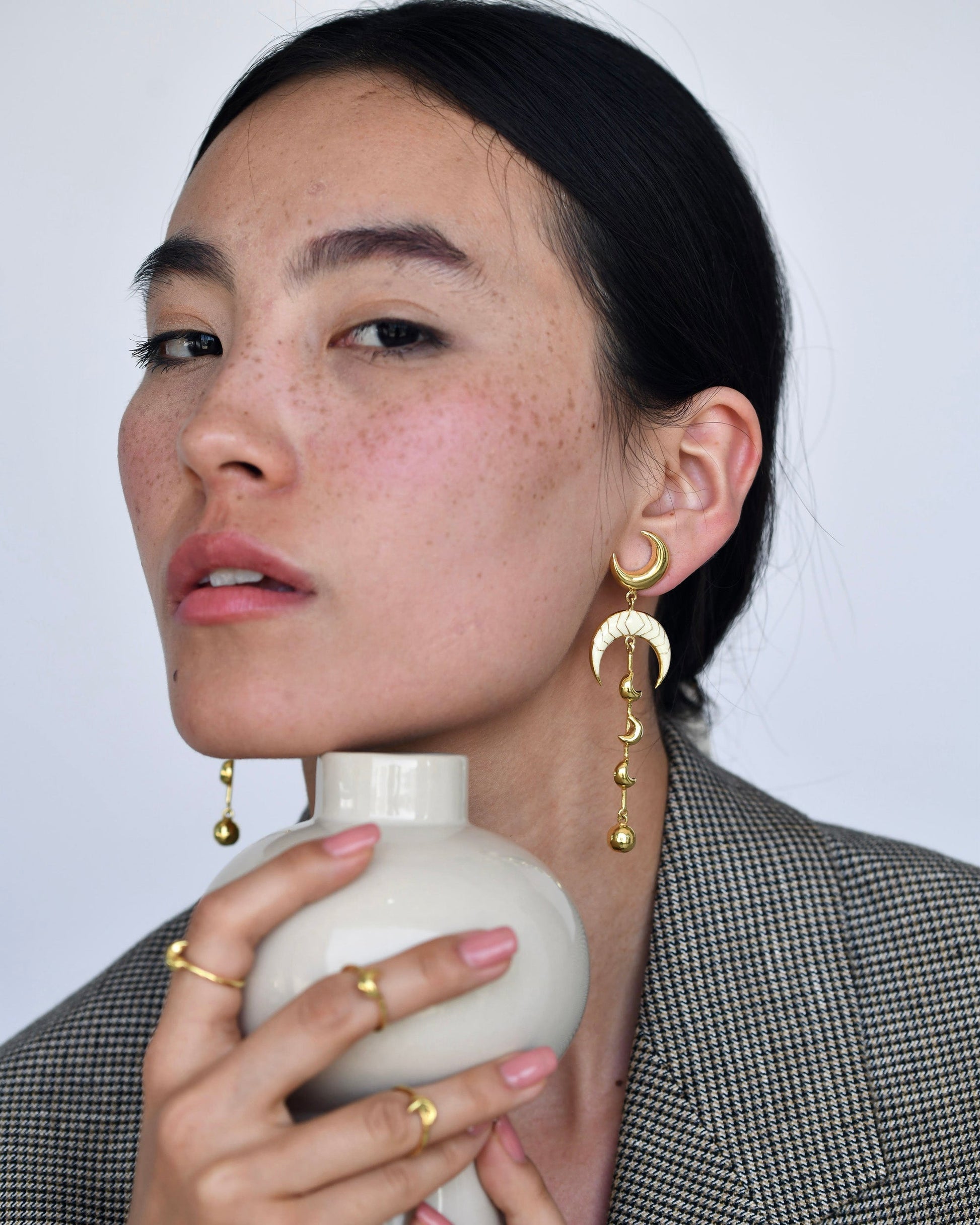Gold Brass Luna Earrings by The Loom Art with Brass, Cosmic Dream by The Loom Art, Fashion Jewellery, Free Size, Gold, Gold Plated, jewelry, Long Earrings, Natural at Kamakhyaa for sustainable fashion