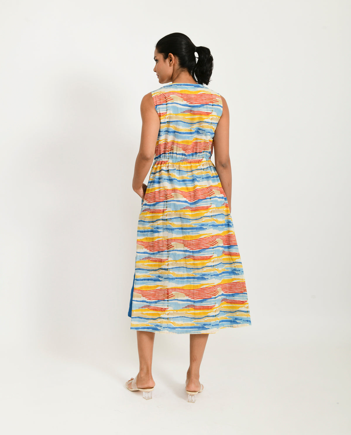 Multicolor Block Printed Zipped Dress by Rias Jaipur with 100% Organic Cotton, Block Prints, Casual Wear, Midi Dresses, Multicolor, Natural, Regular Fit, Scribble Prints, Sleeveless Dresses, Womenswear, Yaadein, Yaadein by Rias Jaipur at Kamakhyaa for sustainable fashion