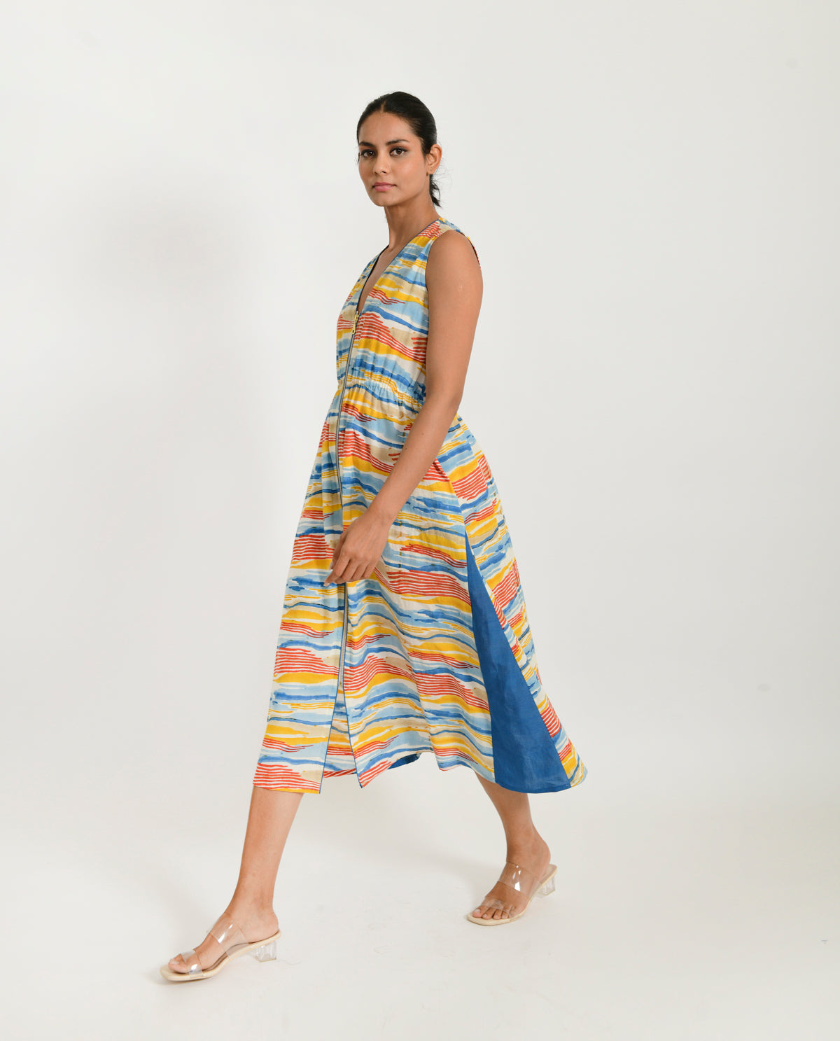 Multicolor Block Printed Zipped Dress by Rias Jaipur with 100% Organic Cotton, Block Prints, Casual Wear, Midi Dresses, Multicolor, Natural, Regular Fit, Scribble Prints, Sleeveless Dresses, Womenswear, Yaadein, Yaadein by Rias Jaipur at Kamakhyaa for sustainable fashion