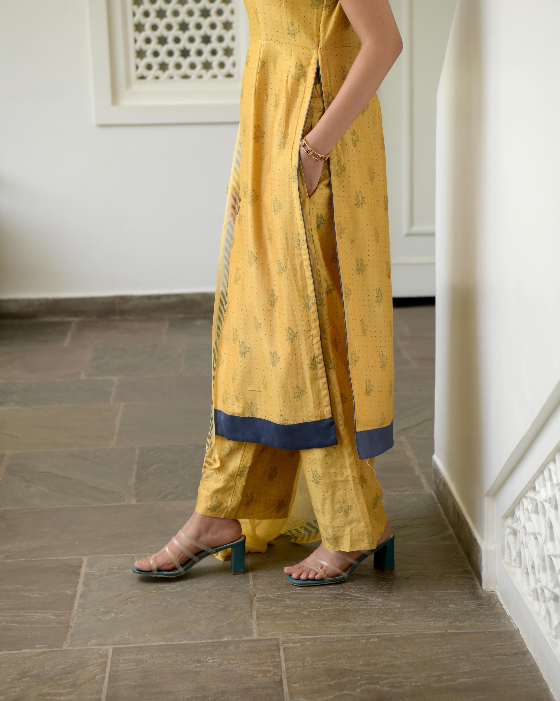 Yellow Sleeveless Chanderi Silk Kurta Set With Dupatta Indian Wear Gulzar Taro, Dupatta, Natural, Prints, Regular Fit, Taro Kamakhyaa
