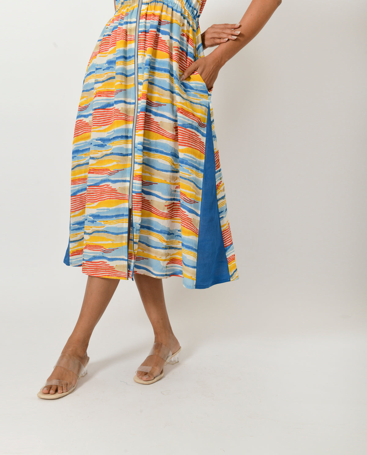 Multicolor Block Printed Zipped Dress by Rias Jaipur with 100% Organic Cotton, Block Prints, Casual Wear, Midi Dresses, Multicolor, Natural, Regular Fit, Scribble Prints, Sleeveless Dresses, Womenswear, Yaadein, Yaadein by Rias Jaipur at Kamakhyaa for sustainable fashion