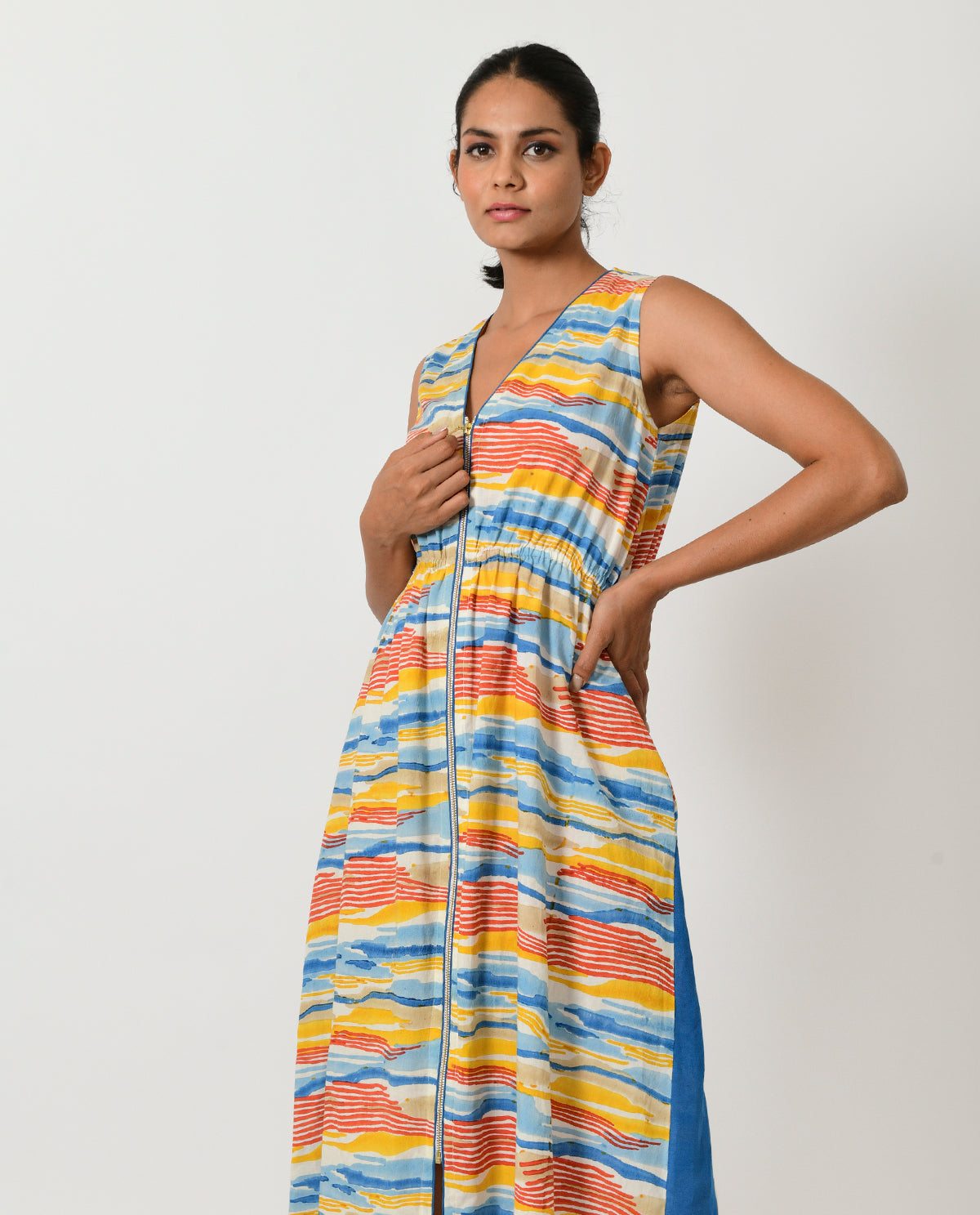 Multicolor Block Printed Zipped Dress by Rias Jaipur with 100% Organic Cotton, Block Prints, Casual Wear, Midi Dresses, Multicolor, Natural, Regular Fit, Scribble Prints, Sleeveless Dresses, Womenswear, Yaadein, Yaadein by Rias Jaipur at Kamakhyaa for sustainable fashion