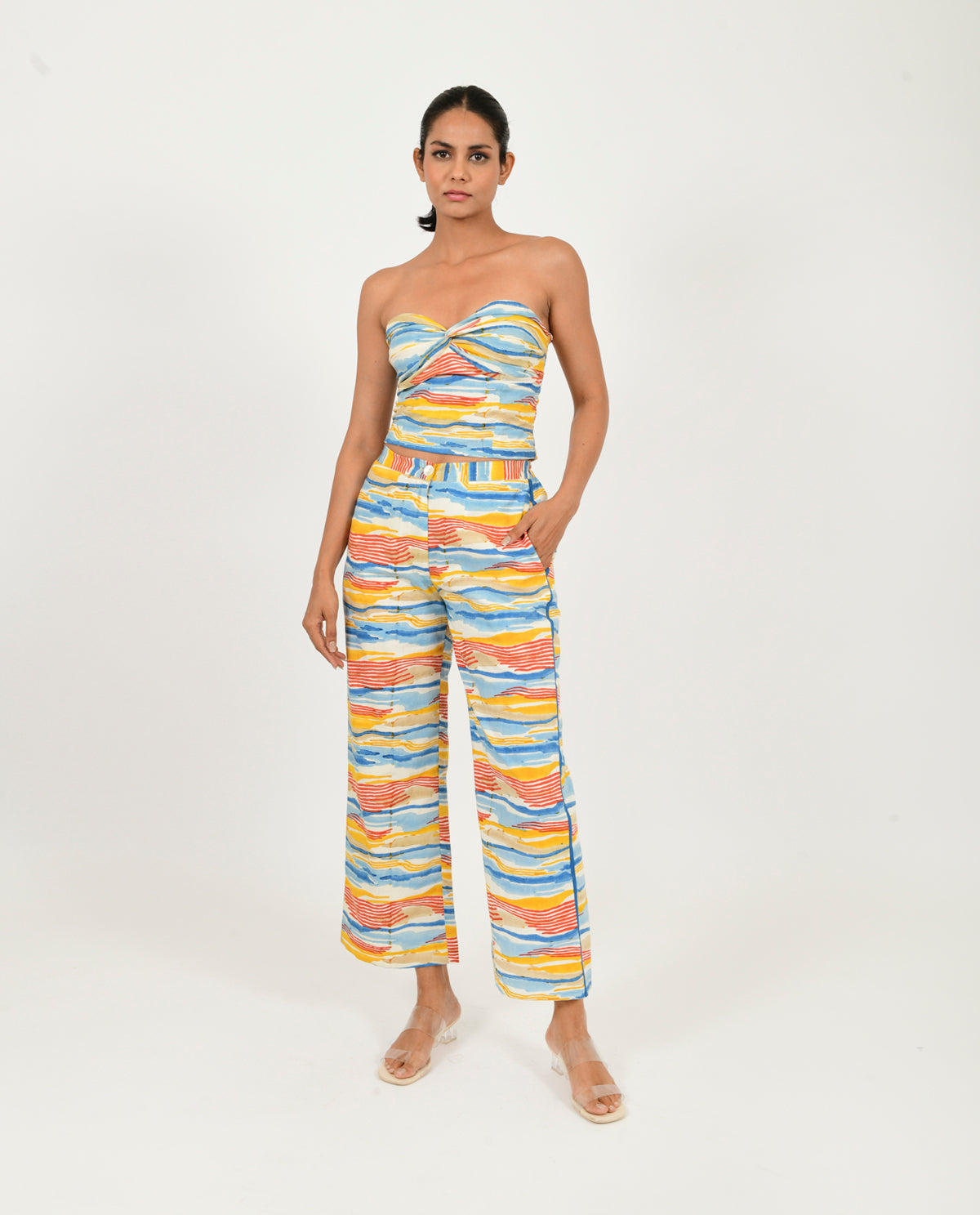 Multicolor Block Printed Tube Top/Pant Co-ord Set by Rias Jaipur with 100% Organic Cotton, Block Prints, Casual Wear, Co-ord Sets, Multicolor, Natural, Scribble Prints, Slim Fit, Vacation Co-ords, Womenswear, Yaadein, Yaadein by Rias Jaipur at Kamakhyaa for sustainable fashion