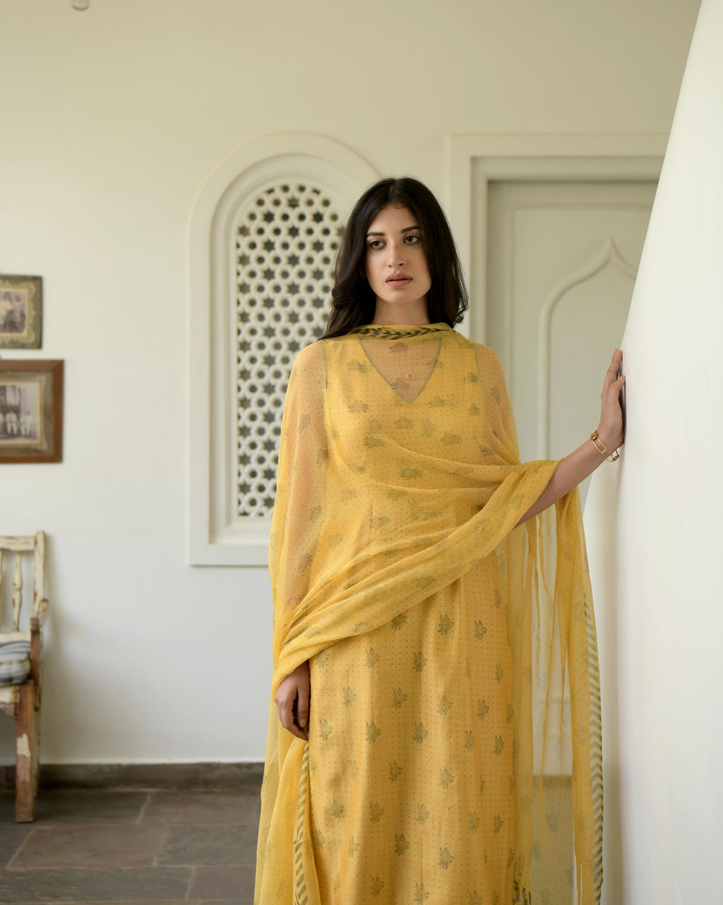 Yellow Sleeveless Chanderi Silk Kurta Set With Dupatta by Taro with Best Selling, Evening Wear, Gulzar by Taro, Handwoven Chanderi silk, Indian Wear, July Sale, July Sale 2023, Kurta Pant Sets, Kurta Set With Dupatta, Natural, Prints, Regular Fit, Womenswear, Yellow at Kamakhyaa for sustainable fashion